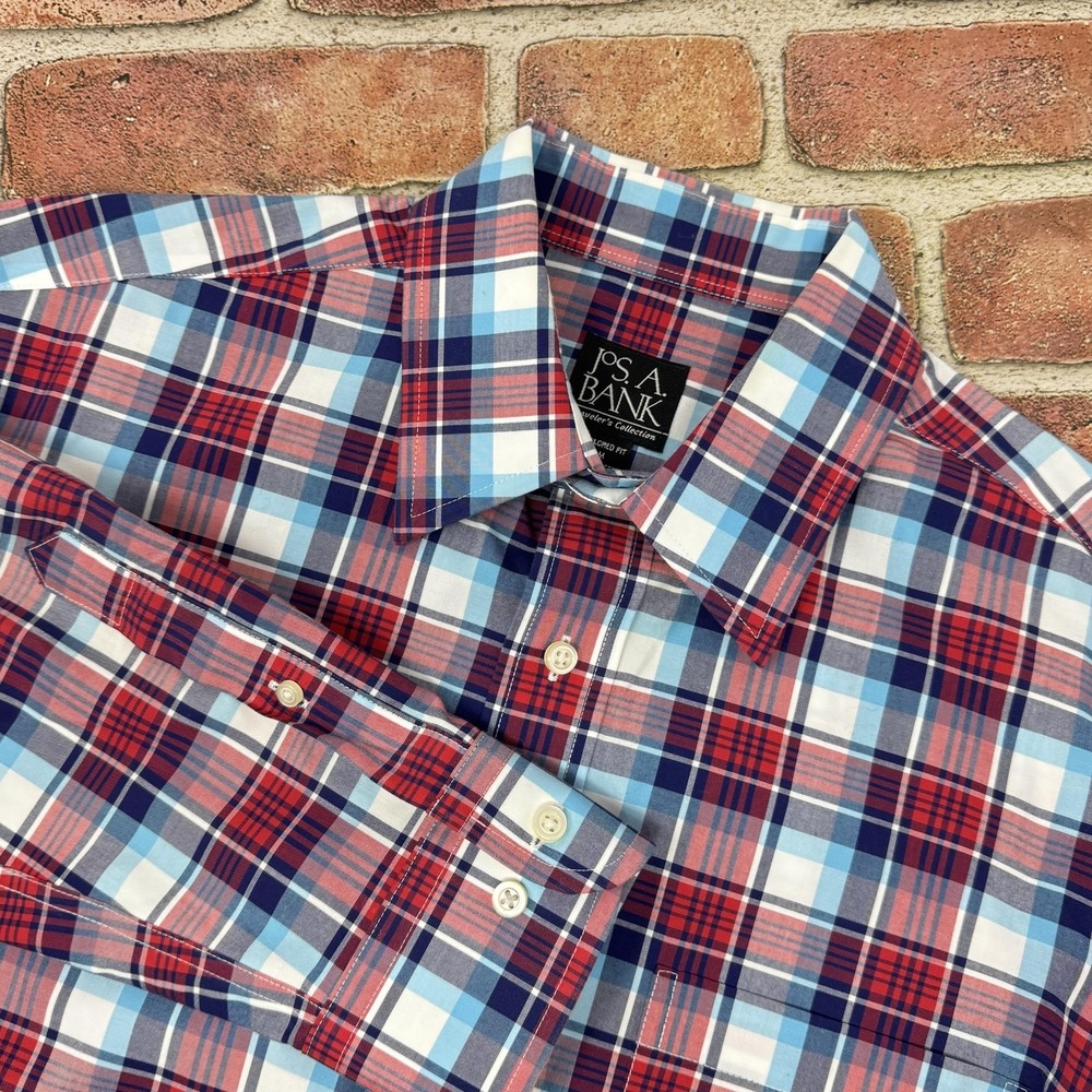 Jos A Bank Shirt Mens Medium Blue Red Plaid Travelers Collection Button Front - Picture 2 of 14